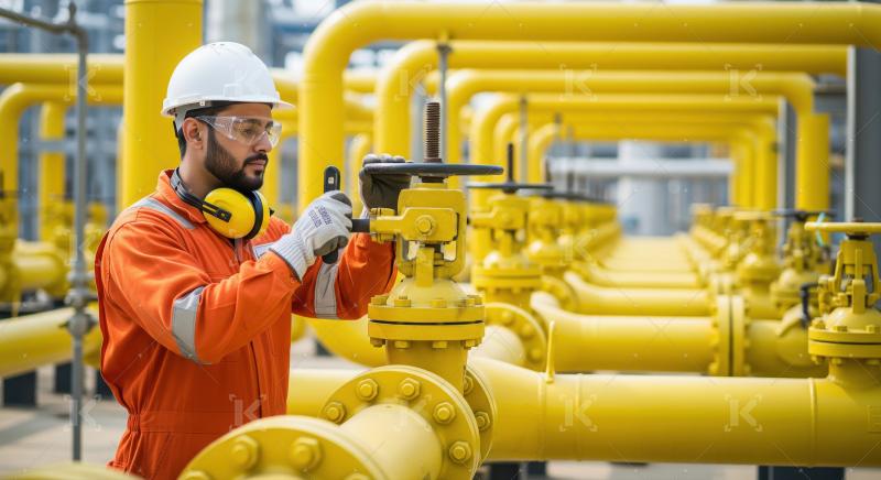 An industrial engineer in safety gear operates control panels an