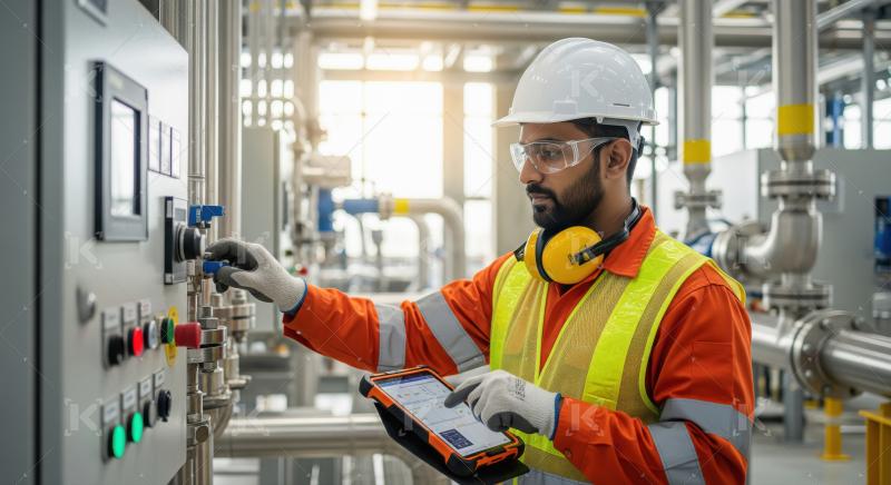 An industrial engineer in safety gear operates control panels an
