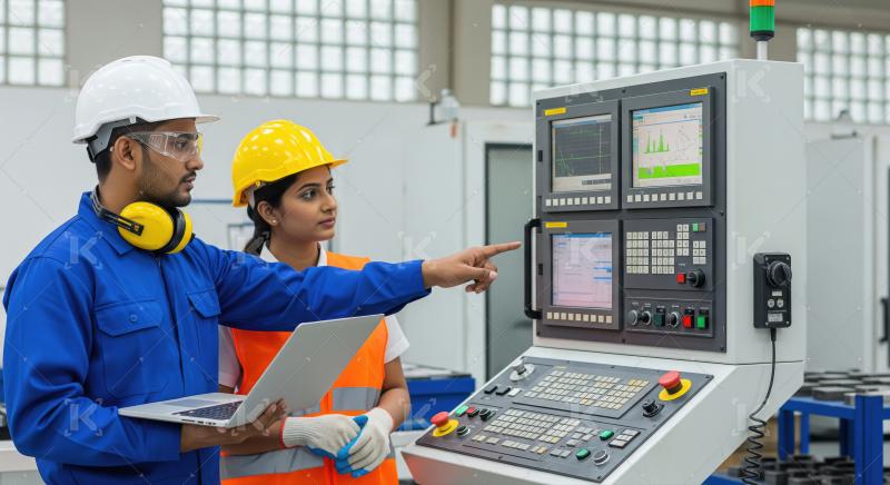 Two Indian engineers in safety gear collaborate at a CNC machine