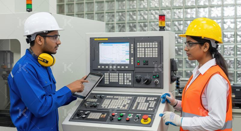 A factory supervisor uses a digital tablet to analyze production