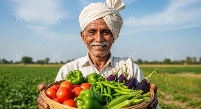An elderly farmer in a turban holds fresh greens and a basket of