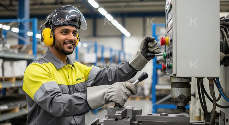 An industrial engineer in safety gear operates control panels an