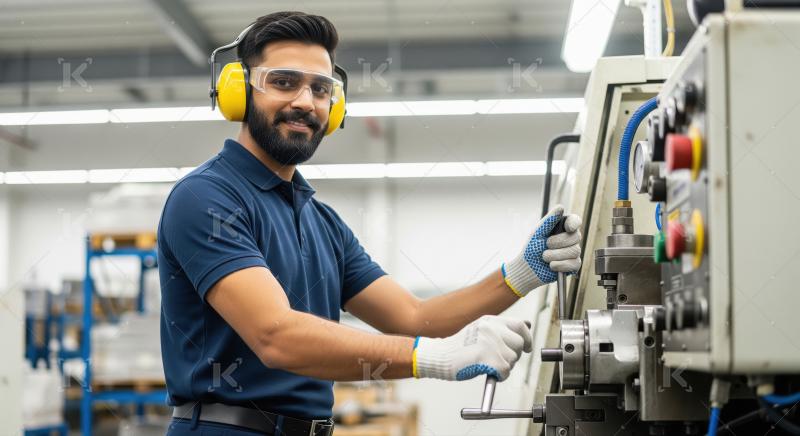 An industrial engineer in safety gear operates control panels an