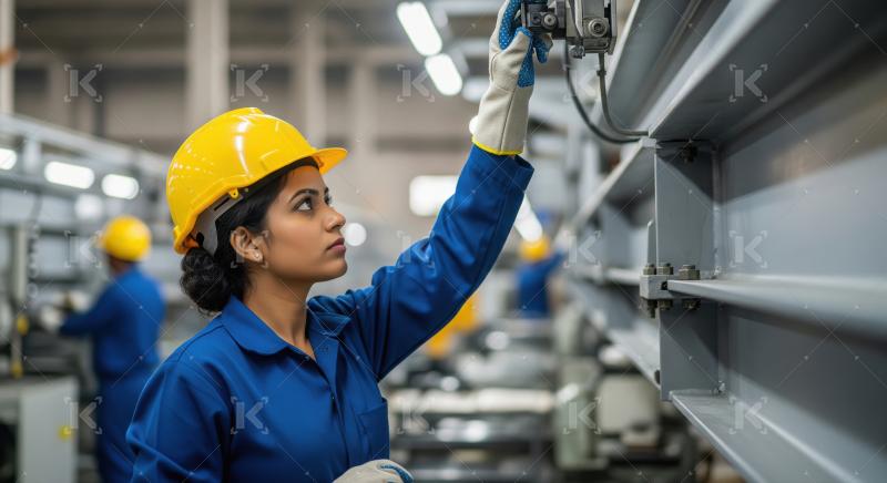 A female worker wearing a yellow safety helmet and blue uniform