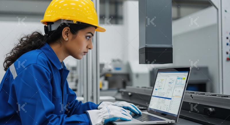 A female worker wearing a yellow safety helmet and blue uniform