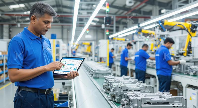 A factory supervisor uses a digital tablet to analyze production