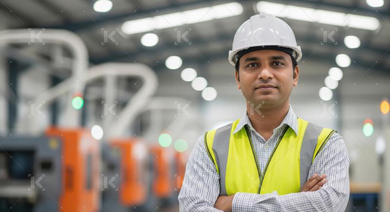 A confident industrial engineer in a hard hat and safety vest st