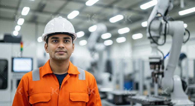 A confident industrial engineer in a hard hat and safety vest st