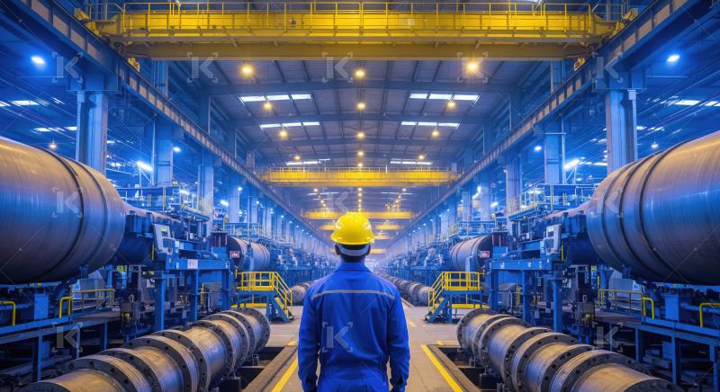 An industrial engineer in safety gear operates control panels an