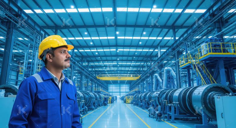 An industrial engineer in safety gear operates control panels an