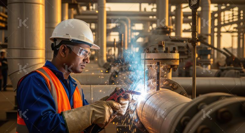 An industrial engineer in safety gear operates control panels an