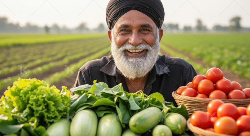 An elderly farmer in a turban holds fresh greens and a basket of
