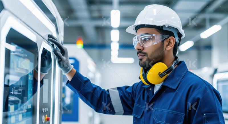An industrial engineer in safety gear operates control panels an