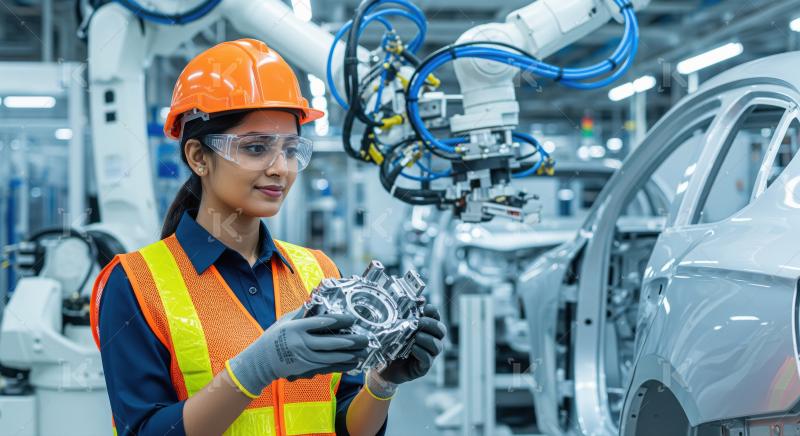 A female worker wearing a yellow safety helmet and blue uniform