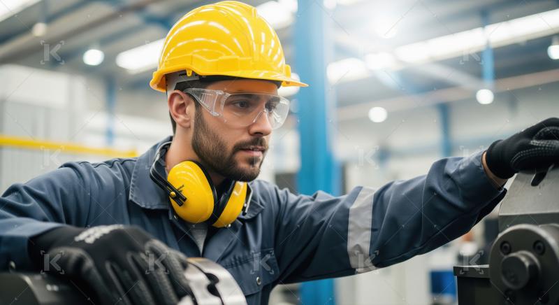 An industrial engineer in safety gear operates control panels an