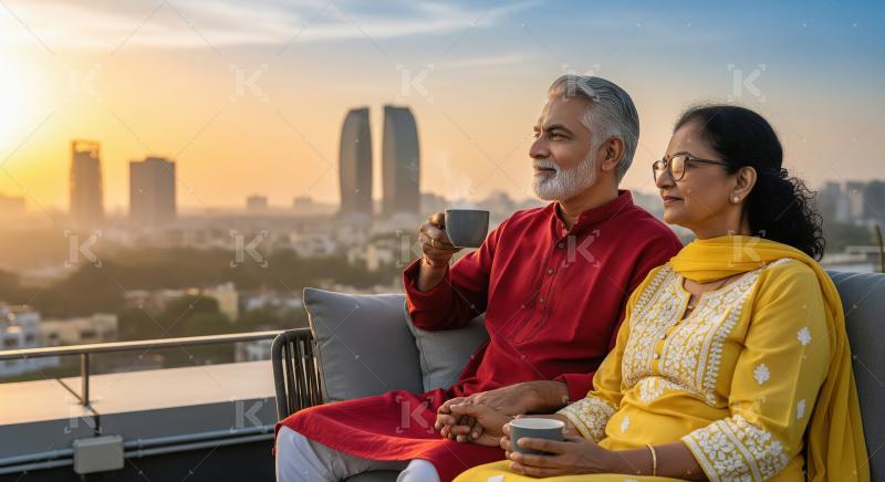 Elderly Indian couple relaxes on a modern rooftop terrace at sun