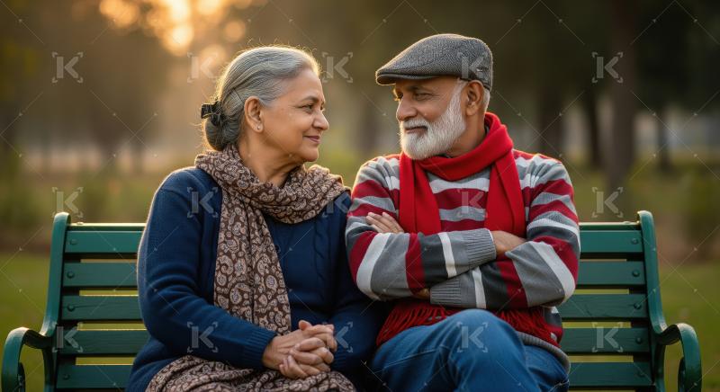 Elderly Indian couple sits warmly dressed on a park bench, shari