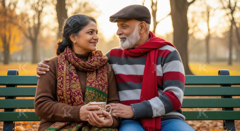 Elderly Indian couple sits warmly dressed on a park bench, shari