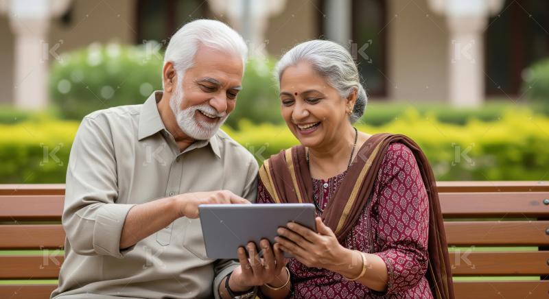 Happy indian senior couple smiling and looking old memories