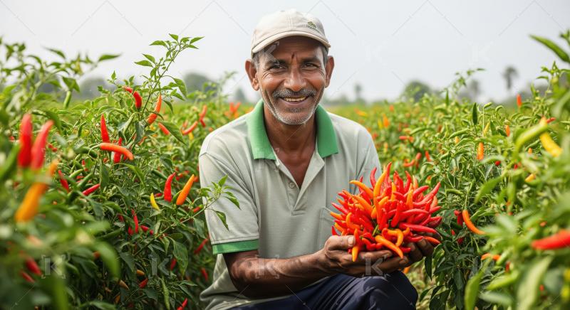 Indian farmer kneels in a lush chili field, holding a vibrant bu