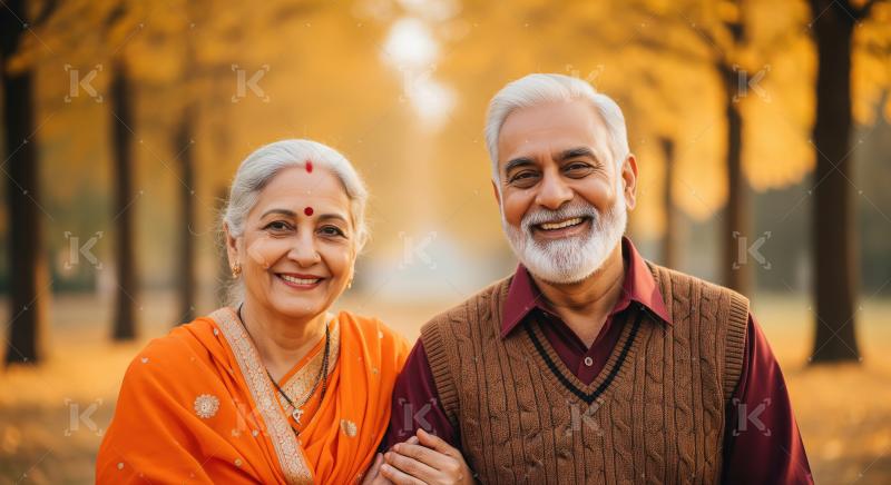 Happy indian senior couple in traditional attire