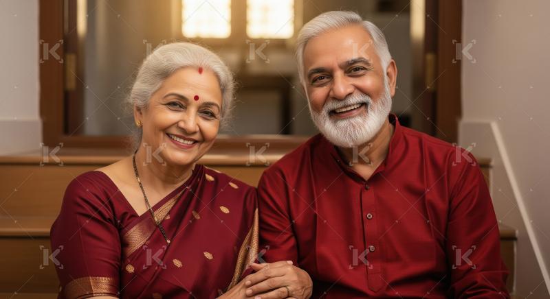 Happy indian senior couple in traditional attire