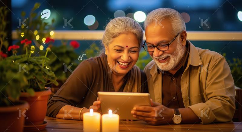 A joyful elderly couple enjoys a cozy evening together, smiling