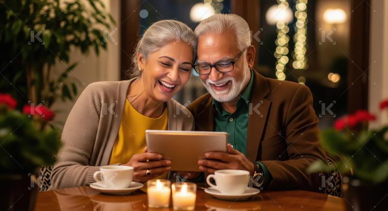 A joyful elderly couple enjoys a cozy evening together, smiling