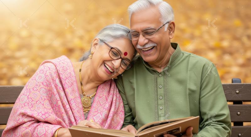 Happy indian senior couple smiling and looking old memories