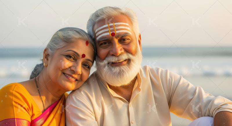 Happy indian elderly couple smiling together