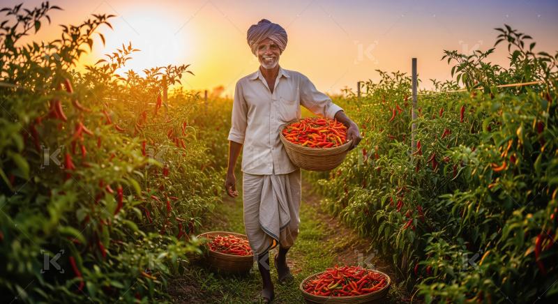 Indian farmer kneels in a lush chili field, holding a vibrant bu
