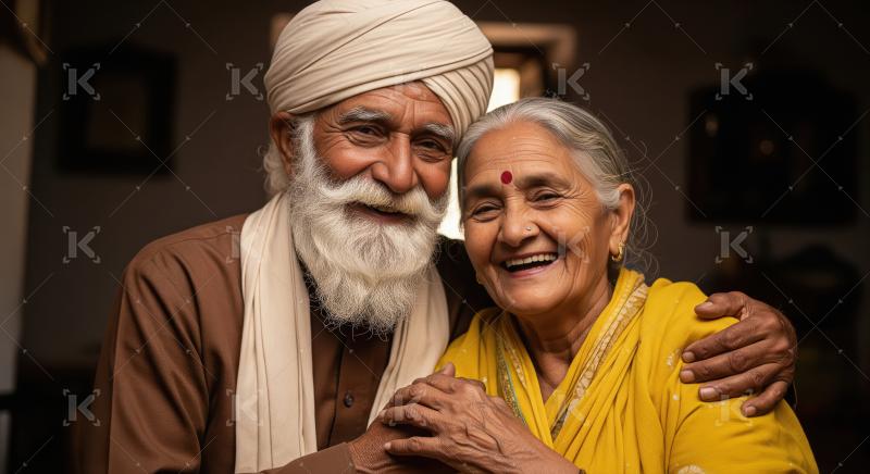 A loving elderly Indian couple sits close together, holding hand
