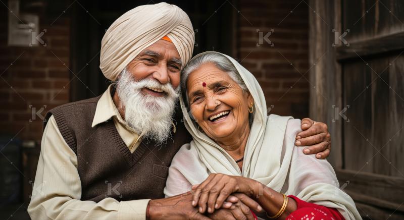 A loving elderly Indian couple sits close together, holding hand