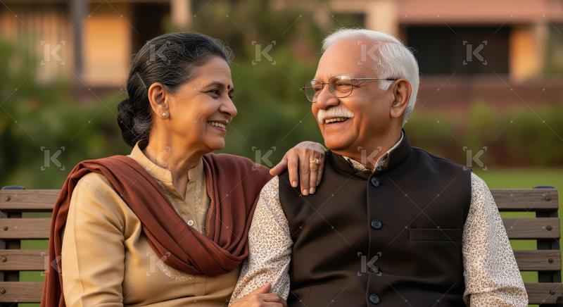 A loving elderly Indian couple walks hand in hand on a sunlit st
