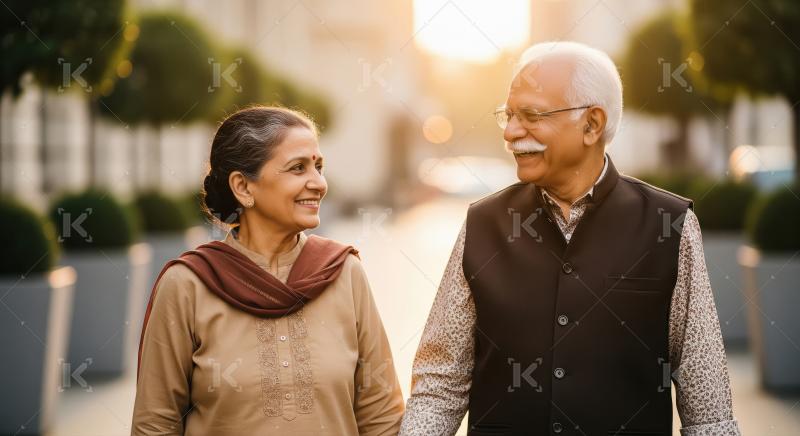 A loving elderly Indian couple walks hand in hand on a sunlit st