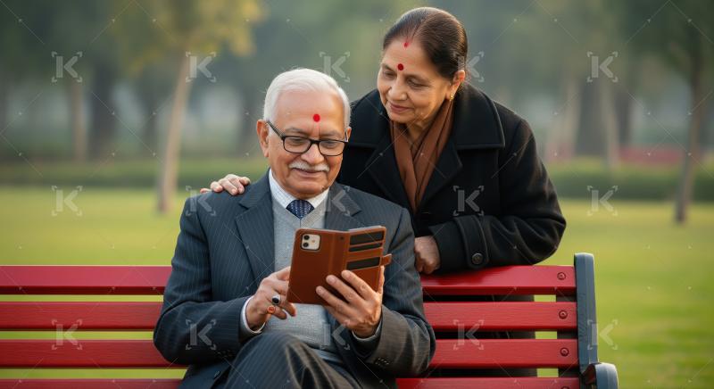 An elderly Indian couple using a tablet and smartphone together