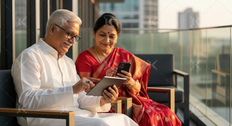 An elderly Indian couple using a tablet and smartphone together