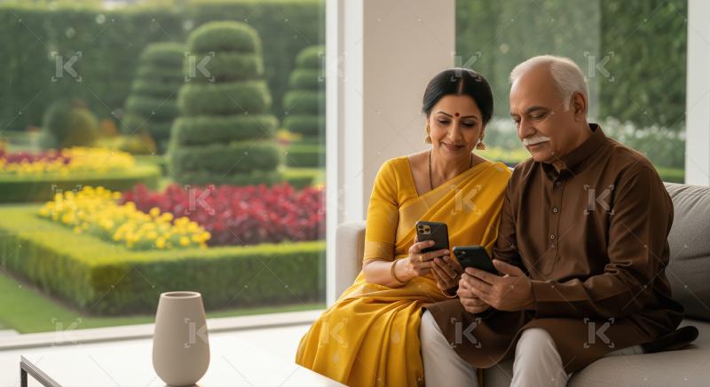 An elderly Indian couple using a tablet and smartphone together