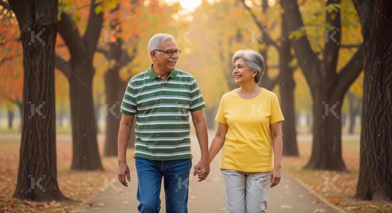 A loving elderly Indian couple walks hand in hand on a sunlit st