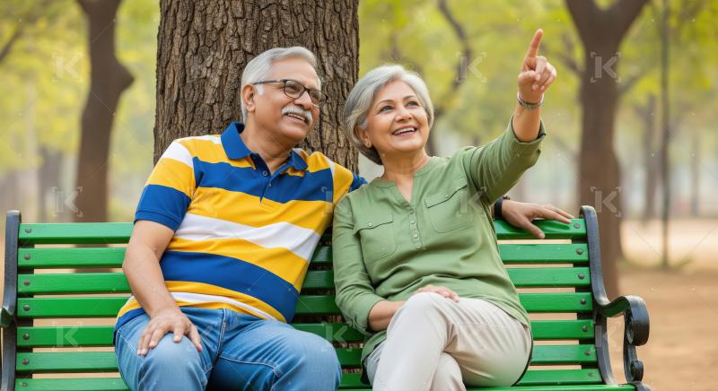 Elderly Indian couple sits together on a green bench in a park,