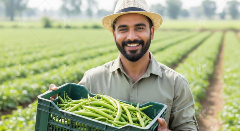 A farmer in a field, wearing a hat, holds a crate filled with fr