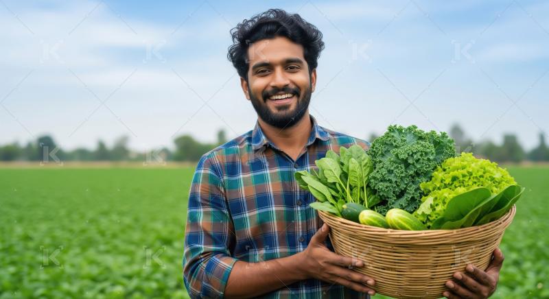 A happy Indian farmer smiles in his sunlit field, proudly holdin