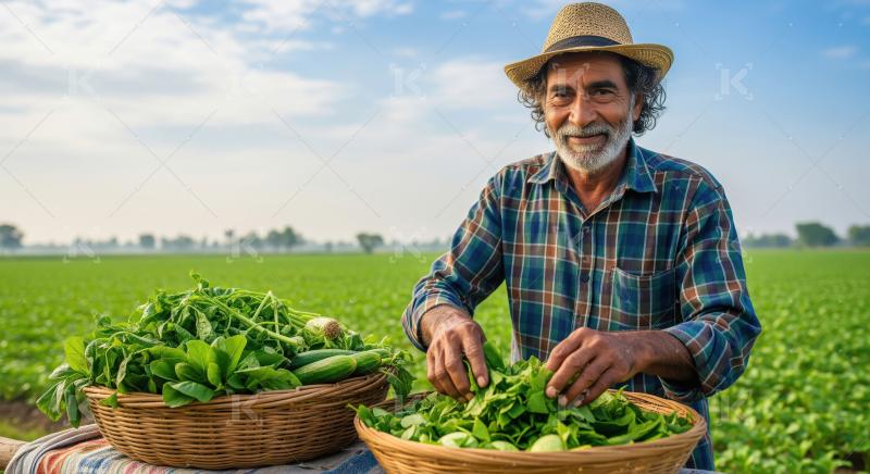 A happy Indian farmer smiles in his sunlit field, proudly holdin