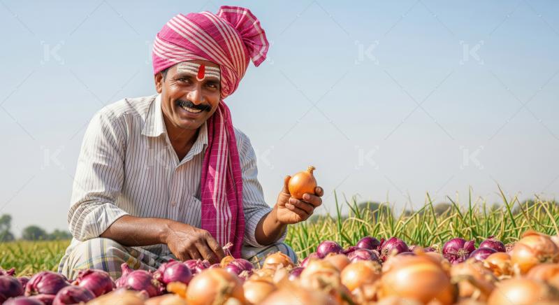 A happy Indian farmer smiles in his sunlit field, proudly holdin