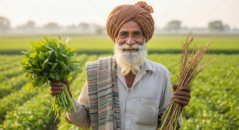 An elderly farmer in a turban holds fresh greens and a basket of