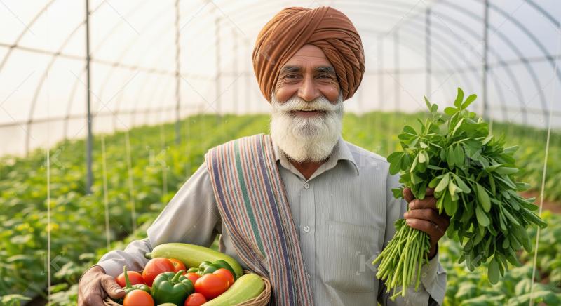 An elderly farmer in a turban holds fresh greens and a basket of