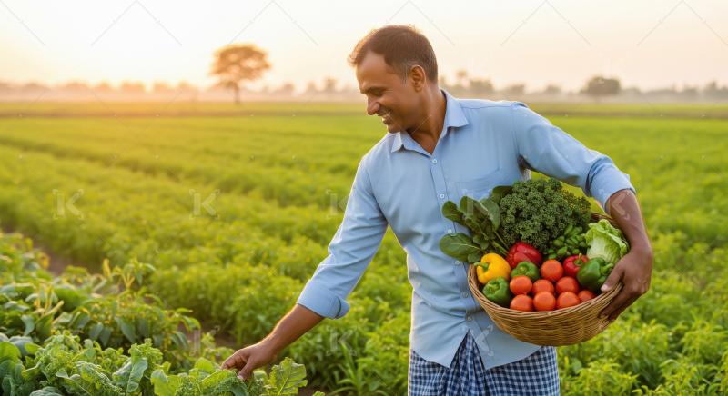 A happy Indian farmer smiles in his sunlit field, proudly holdin