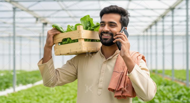 A young Indian farmer stands in a greenhouse holding a wooden cr