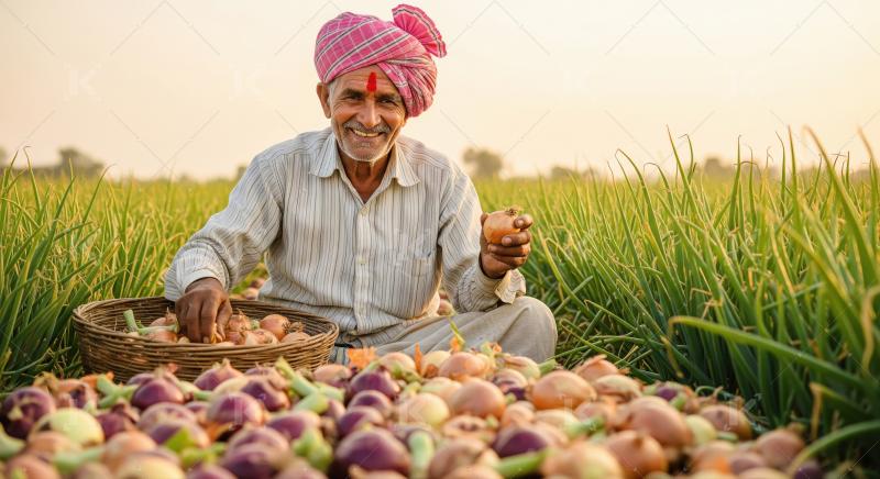 Indian farmer wearing a pink turban and striped shirt sits in an