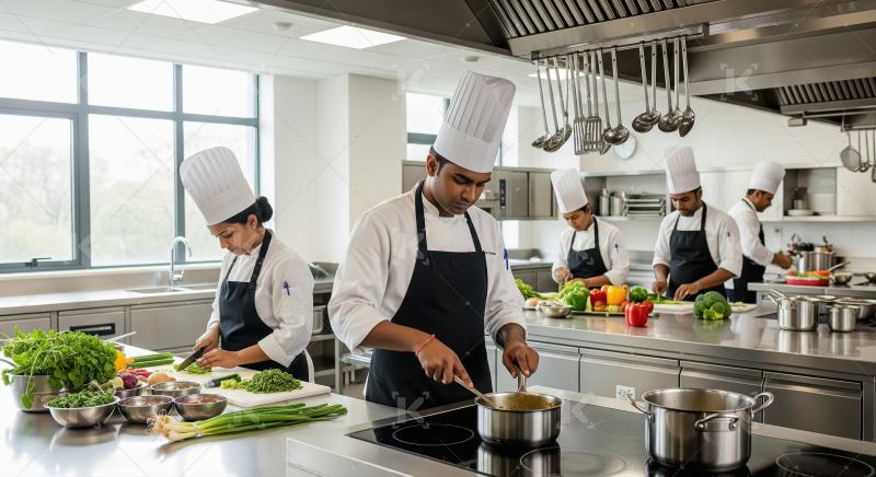 A chef in a stylish hat and apron is stirring a pan of food amon
